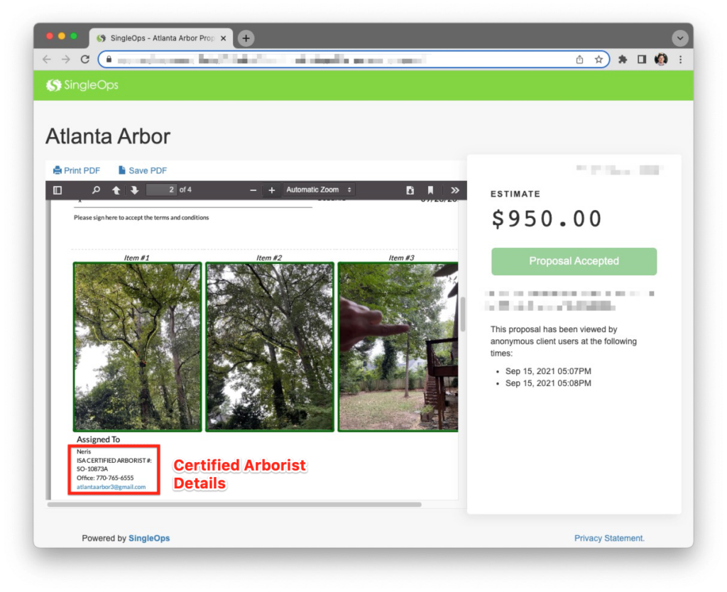 Screen grab of an individual arborist's credentials on sales proposals in SingleOps software.