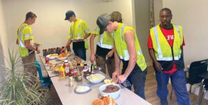 New Life provides a table set up with breakfast items and lunch makings, plus drinks and snacks for crew members.